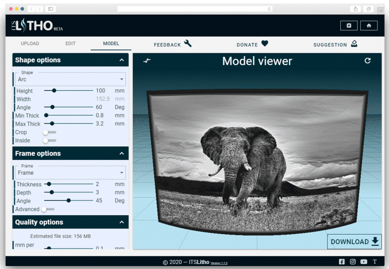 itslitho image to lithophane elephant preview model